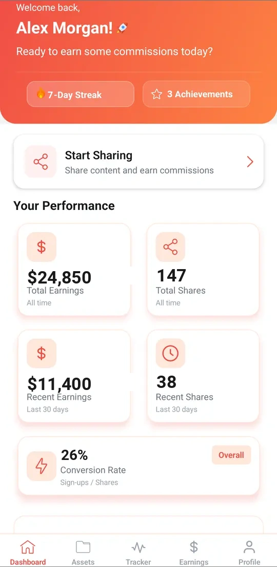 PROEarn app dashboard showing total and recent earnings, shares and conversion rate