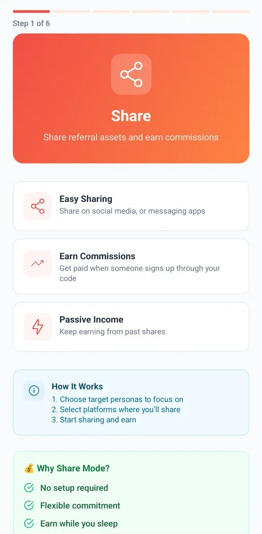PROEarn app onboarding, step 1 of 6: Share mode, for sharing referral assets and earning commissions