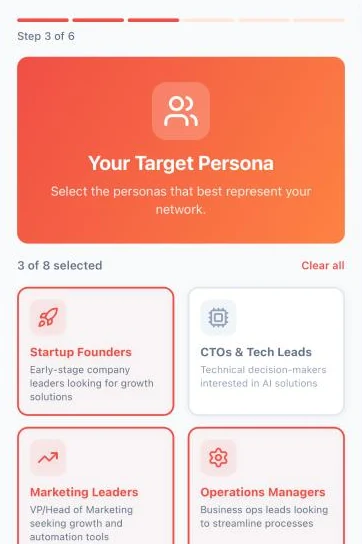 PROEarn app onboarding, step 3 of 6: choosing the personas that best represent your network